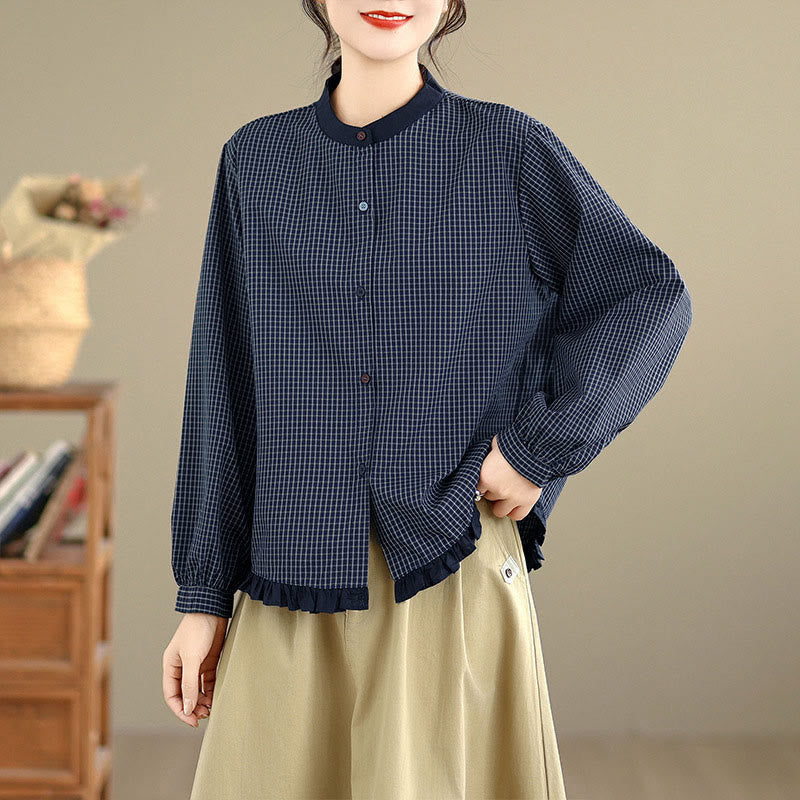 Chemise à manches longues en coton pour femme, motif à carreaux rayés et imprimé de Buddha Stones, ourlet volanté et boutons. - Carreaux bleu nuit - US8-10，UK/AU12-14，EU40-42 (2XL) - image 0