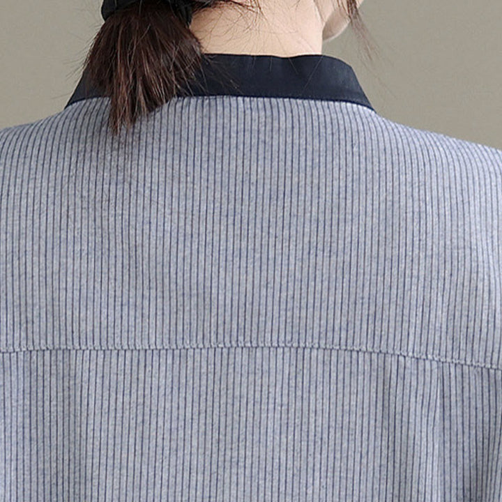 Chemise à manches longues en coton pour femme, motif à carreaux rayés et imprimé de Buddha Stones, ourlet volanté et boutons. - image 17