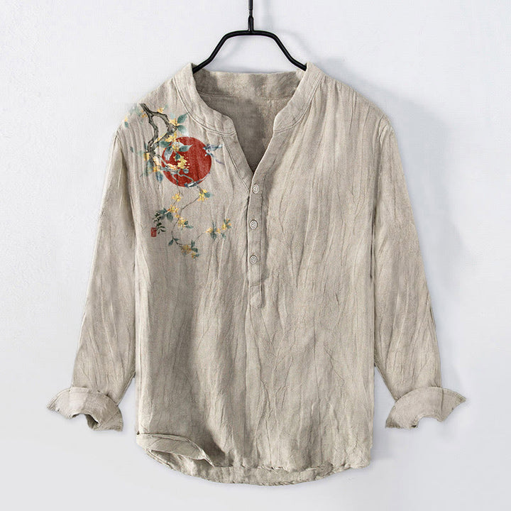 Chemise à manches longues pour homme en coton et lin, motif soleil rouge et Buddha Stones - Lin - US/UK/AU50，EU60 (5XL) - image 0