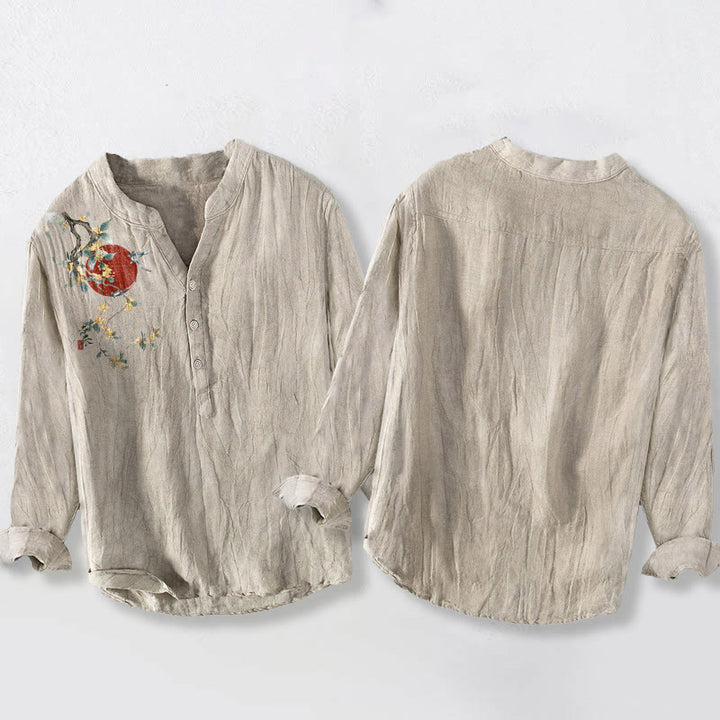 Chemise à manches longues pour homme en coton et lin, motif soleil rouge et Buddha Stones - image 2