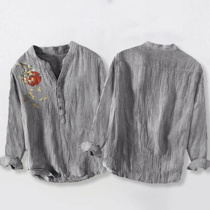 Chemise à manches longues pour homme en coton et lin, motif soleil rouge et Buddha Stones - image 5