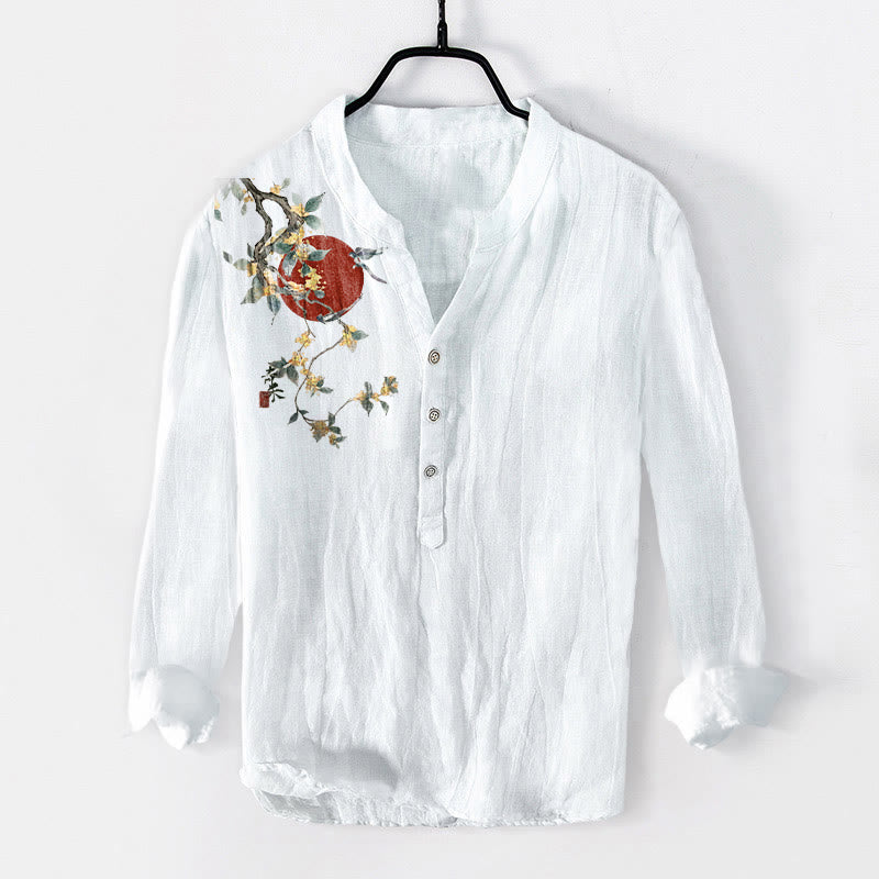 Chemise à manches longues pour homme en coton et lin, motif soleil rouge et Buddha Stones - Blanc - US/UK/AU50，EU60 (5XL) - image 6