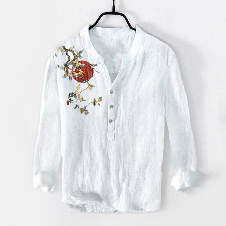 Chemise à manches longues pour homme en coton et lin, motif soleil rouge et Buddha Stones - Blanc - US/UK/AU50，EU60 (5XL) - image 6