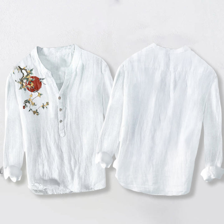 Chemise à manches longues pour homme en coton et lin, motif soleil rouge et Buddha Stones - image 8