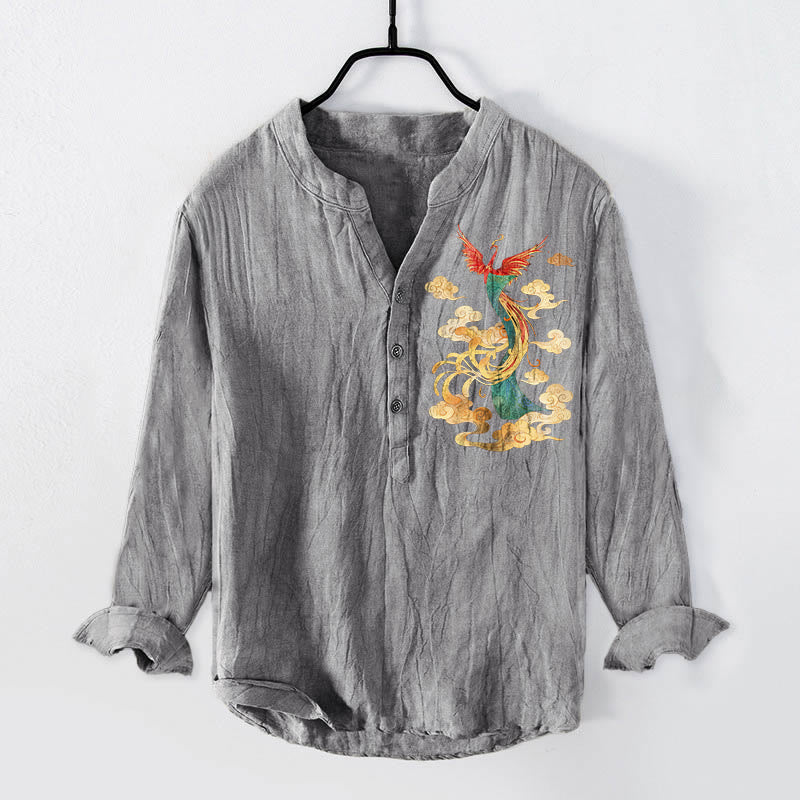 Chemise à manches longues pour homme en coton et lin, motif nuage de phénix lumineux et Buddha Stones - Gris - US/UK/AU50，EU60 (5XL) - image 0
