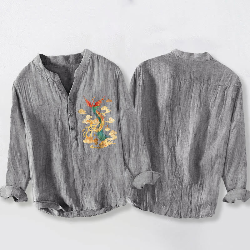 Chemise à manches longues pour homme en coton et lin, motif nuage de phénix lumineux et Buddha Stones - image 2