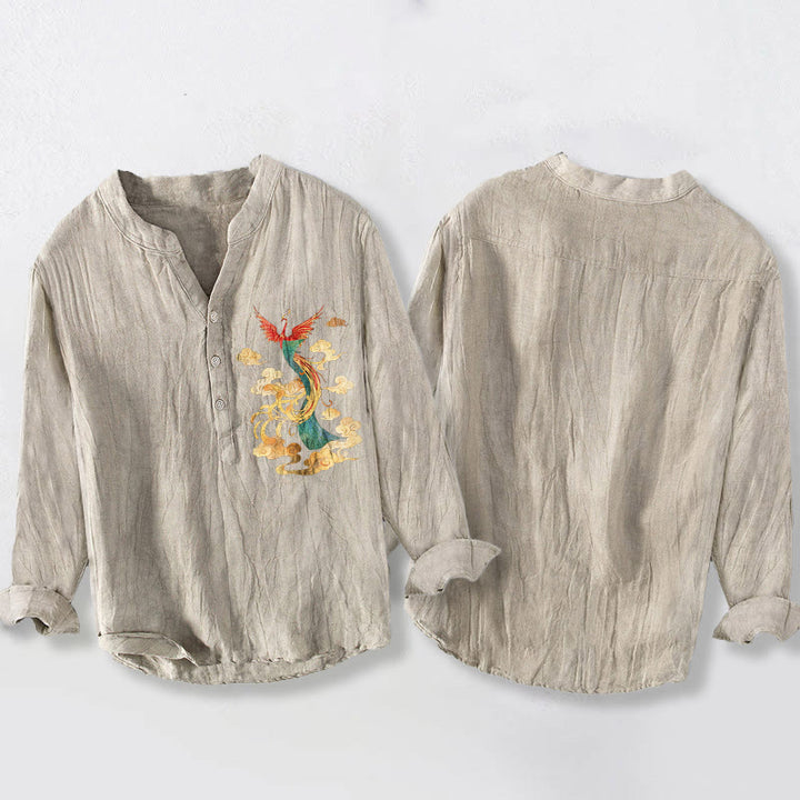 Chemise à manches longues pour homme en coton et lin, motif nuage de phénix lumineux et Buddha Stones - image 5