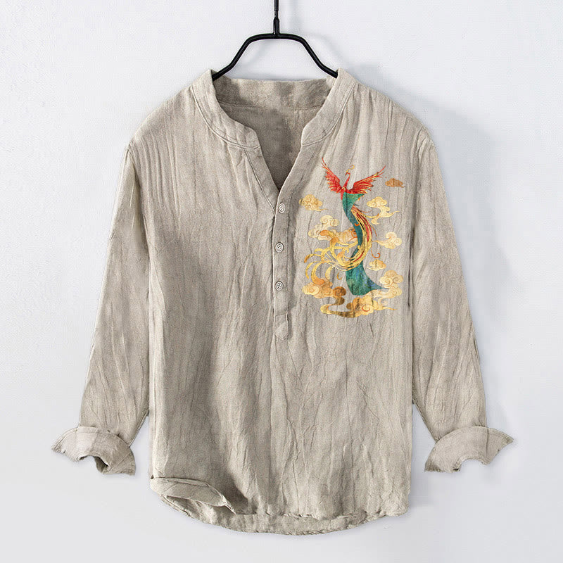 Chemise à manches longues pour homme en coton et lin, motif nuage de phénix lumineux et Buddha Stones - Lin - US/UK/AU50，EU60 (5XL) - image 3