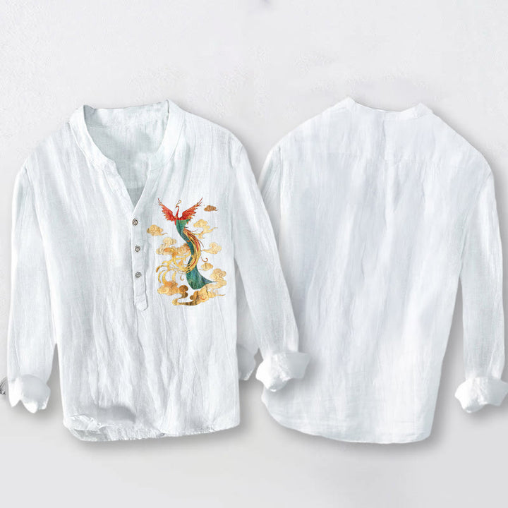 Chemise à manches longues pour homme en coton et lin, motif nuage de phénix lumineux et Buddha Stones - image 8