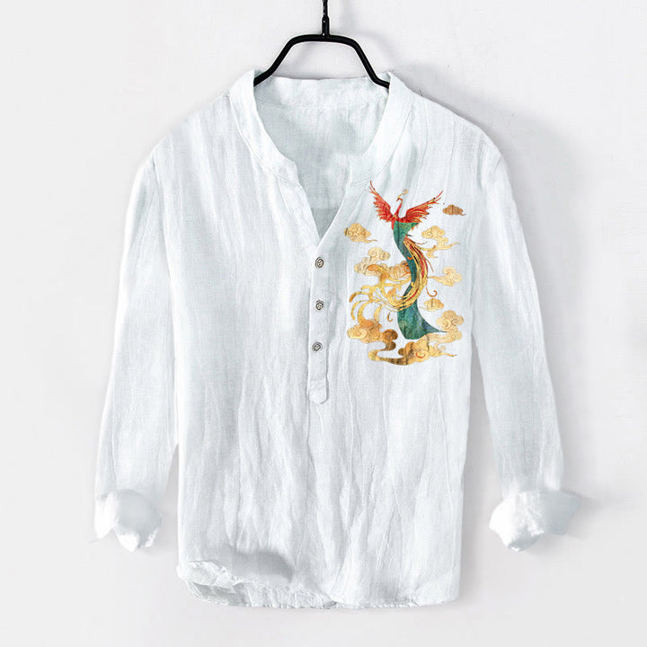 Chemise à manches longues pour homme en coton et lin, motif nuage de phénix lumineux et Buddha Stones - Blanc - US/UK/AU50，EU60 (5XL) - image 6