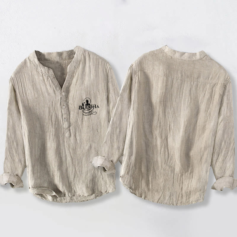 Chemise à manches longues pour homme en coton et lin, ornée de demi-boutons et d'une image de Bouddha et de lotus , Buddha Stones de Bouddha. - image 2
