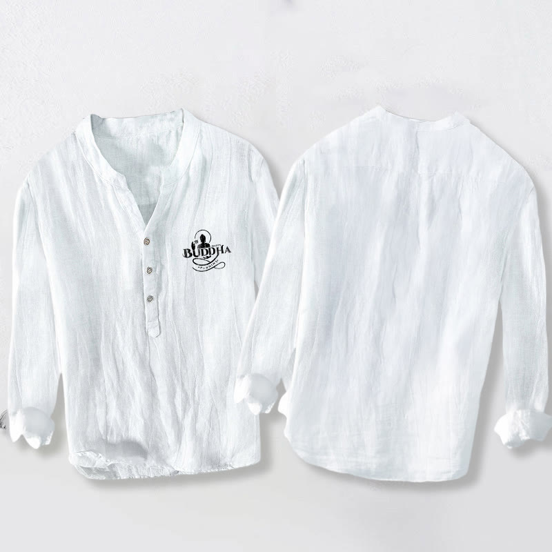 Chemise à manches longues pour homme en coton et lin, ornée de demi-boutons et d'une image de Bouddha et de lotus , Buddha Stones de Bouddha. - image 5