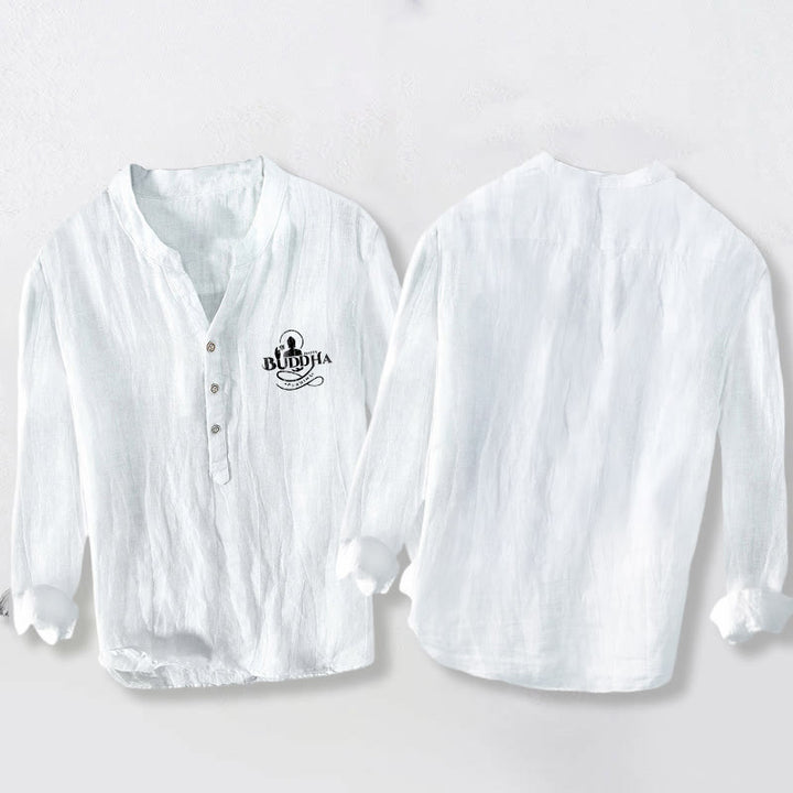Chemise à manches longues pour homme en coton et lin, ornée de demi-boutons et d'une image de Bouddha et de lotus , Buddha Stones de Bouddha. - image 5