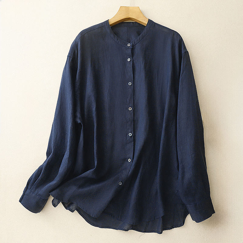 Chemise à manches longues pour femme, col rond, boutons, couleur unie, motif Buddha Stones - Bleu nuit - US8-10，UK/AU12-14，EU40-42 (2XL) - image 0