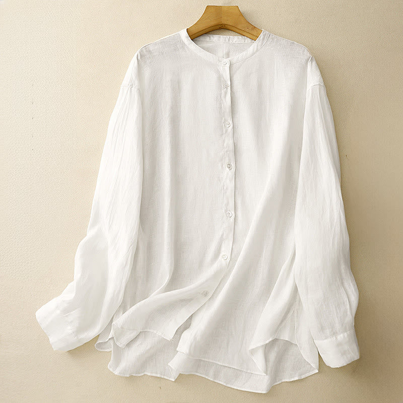 Chemise à manches longues en coton pour femme, couleur unie, col rond et boutons, motif Buddha Stones - Blanc - US8-10，UK/AU12-14，EU40-42 (2XL) - image 7