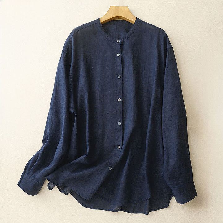 Chemise à manches longues en coton pour femme, couleur unie, col rond et boutons, motif Buddha Stones - Bleu nuit - US8-10，UK/AU12-14，EU40-42 (2XL) - image 0