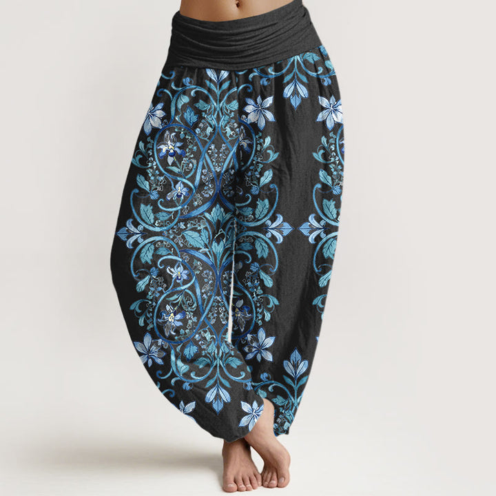 Pantalon harem à taille élastique pour femme, en coton à motif symétrique de Buddha Stones , vignes et feuilles - Noir - US16，UK/AU20，EU48 (3XL) - image 0