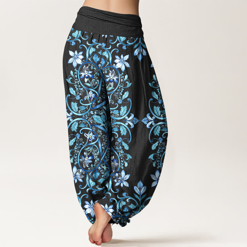 Pantalon harem à taille élastique pour femme, en coton à motif symétrique de Buddha Stones , vignes et feuilles - image 1