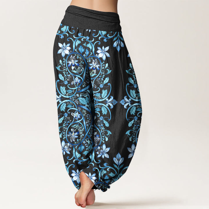 Pantalon harem à taille élastique pour femme, en coton à motif symétrique de Buddha Stones , vignes et feuilles - image 1