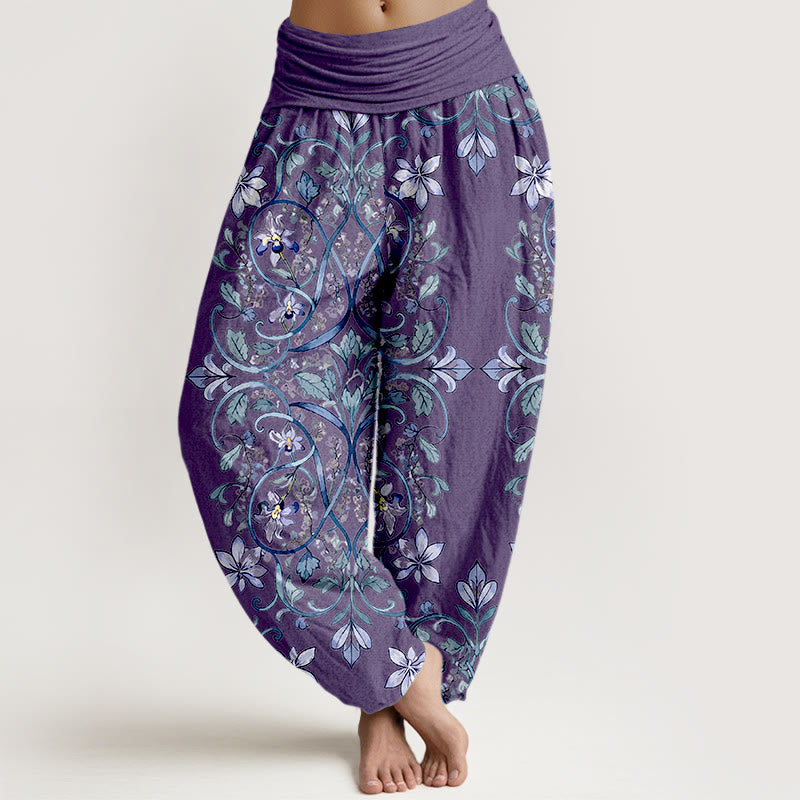 Pantalon harem à taille élastique pour femme, en coton à motif symétrique de Buddha Stones , vignes et feuilles - DarkOrchid - US16，UK/AU20，EU48 (3XL) - image 5
