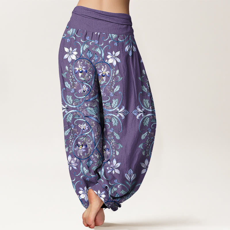 Pantalon harem à taille élastique pour femme, en coton à motif symétrique de Buddha Stones , vignes et feuilles - image 6