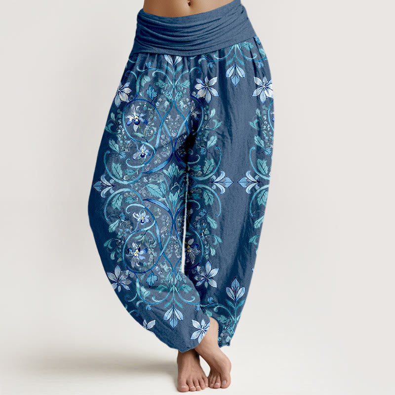 Pantalon harem à taille élastique pour femme, en coton à motif symétrique de Buddha Stones , vignes et feuilles - Bleu royal - US16，UK/AU20，EU48 (3XL) - image 8