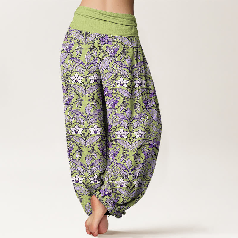 Pantalon harem à taille élastique pour femme, en coton avec motif d'étoiles, de fleurs et de feuilles, orné de Buddha Stones - image 1