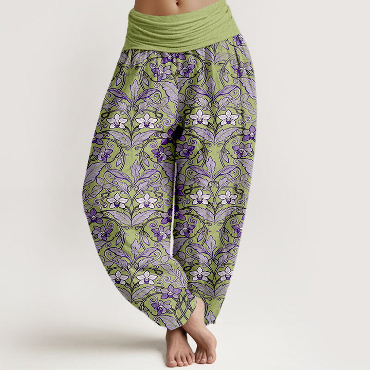 Pantalon harem à taille élastique pour femme, en coton avec motif d'étoiles, de fleurs et de feuilles, orné de Buddha Stones - JauneVert - US16，UK/AU20，EU48 (3XL) - image 0