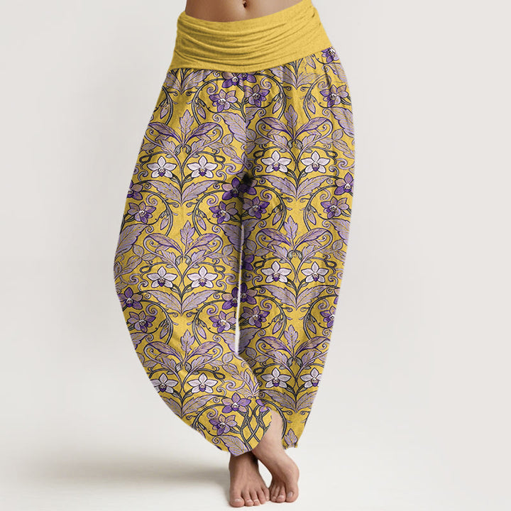 Pantalon harem à taille élastique pour femme, en coton avec motif d'étoiles, de fleurs et de feuilles, orné de Buddha Stones - verge d'or - US16，UK/AU20，EU48 (3XL) - image 5