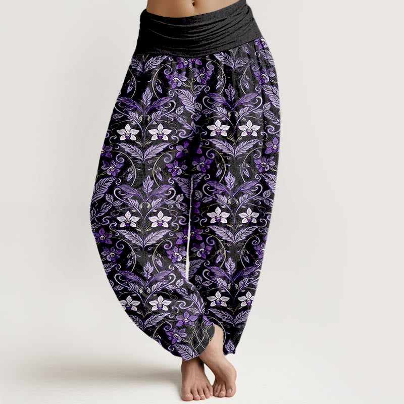 Pantalon harem à taille élastique pour femme, en coton avec motif d'étoiles, de fleurs et de feuilles, orné de Buddha Stones - Noir - US16，UK/AU20，EU48 (3XL) - image 8
