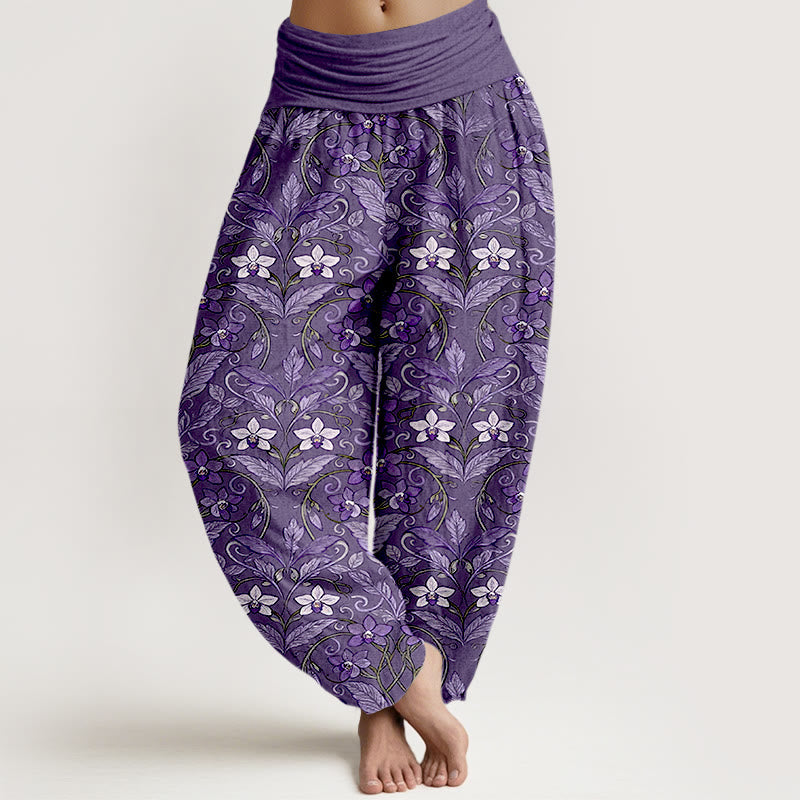 Pantalon harem à taille élastique pour femme, en coton avec motif d'étoiles, de fleurs et de feuilles, orné de Buddha Stones - Violet moyen - US16，UK/AU20，EU48 (3XL) - image 11