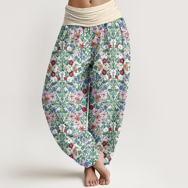 Pantalon harem à taille élastique pour femme, en coton doux aux couleurs pastel, motif fleurs et feuilles, avec Buddha Stones - Jaune doré clair - US16，UK/AU20，EU48 (3XL) - image 0