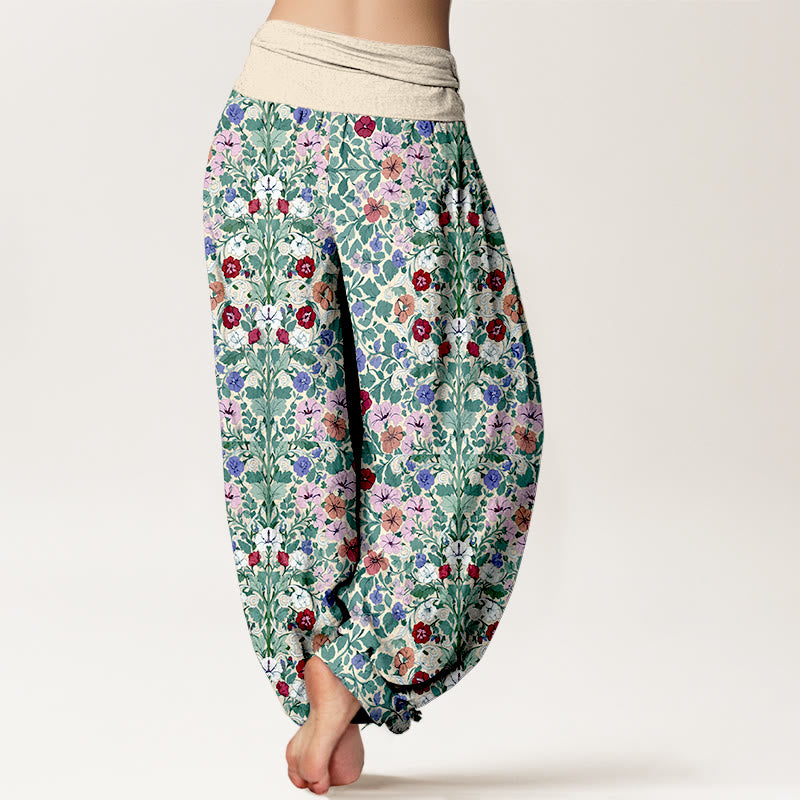 Pantalon harem à taille élastique pour femme, en coton doux aux couleurs pastel, motif fleurs et feuilles, avec Buddha Stones - image 1