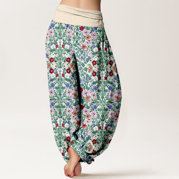 Pantalon harem à taille élastique pour femme, en coton doux aux couleurs pastel, motif fleurs et feuilles, avec Buddha Stones - image 1