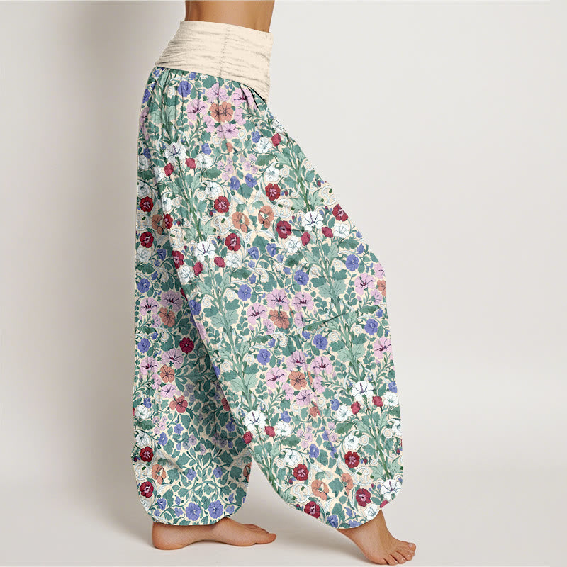 Pantalon harem à taille élastique pour femme, en coton doux aux couleurs pastel, motif fleurs et feuilles, avec Buddha Stones - image 2