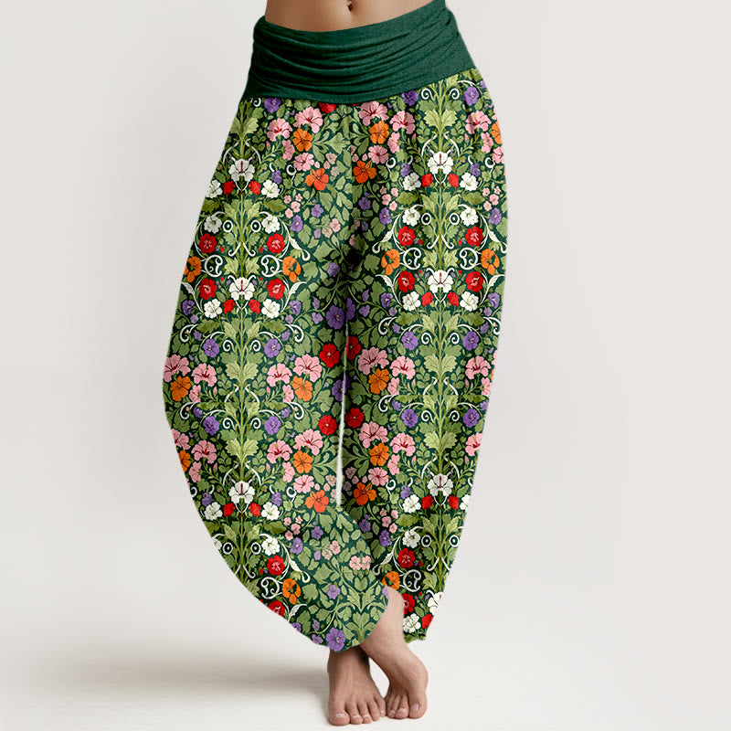 Pantalon harem à taille élastique pour femme, en coton doux aux couleurs pastel, motif fleurs et feuilles, avec Buddha Stones - Vert - US16，UK/AU20，EU48 (3XL) - image 8