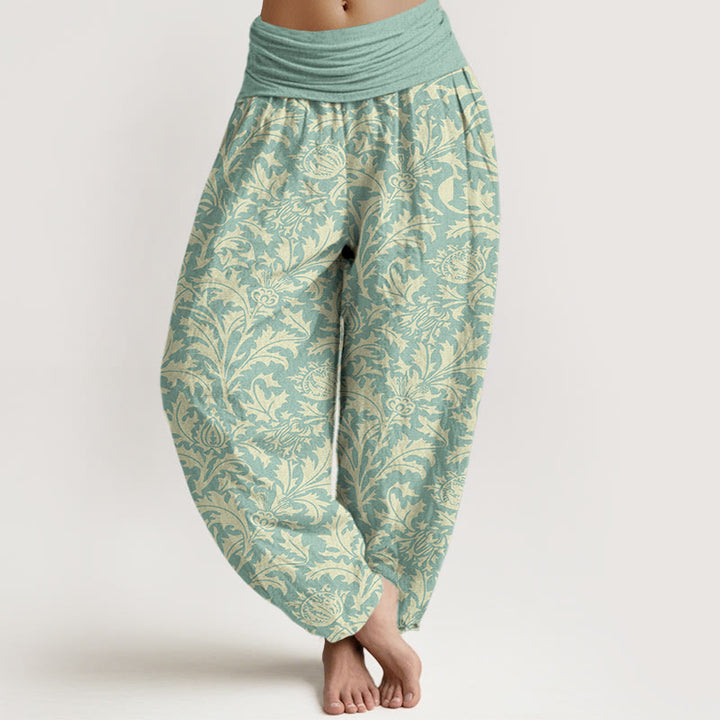 Pantalon harem à taille élastique pour femme, motif de Buddha Stones, de fleurs de coton et de feuilles dentelées - Turquoise - US16，UK/AU20，EU48 (3XL) - image 0