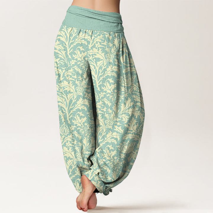 Pantalon harem à taille élastique pour femme, motif de Buddha Stones, de fleurs de coton et de feuilles dentelées - image 1