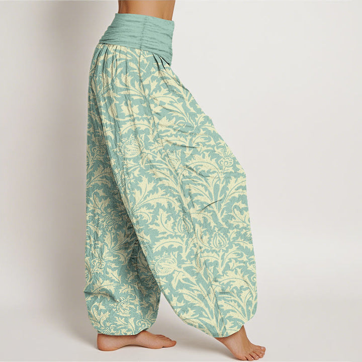Pantalon harem à taille élastique pour femme, motif de Buddha Stones, de fleurs de coton et de feuilles dentelées - image 2