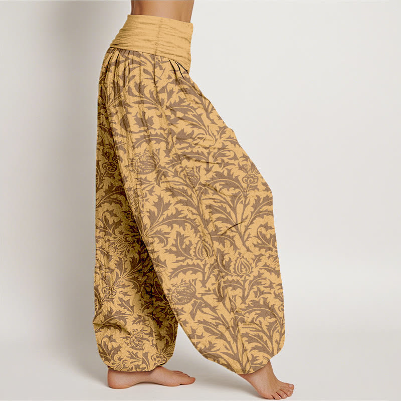 Pantalon harem à taille élastique pour femme, motif de Buddha Stones, de fleurs de coton et de feuilles dentelées - image 7