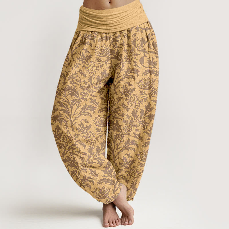 Pantalon harem à taille élastique pour femme, motif de Buddha Stones, de fleurs de coton et de feuilles dentelées - SandyBrown - US16，UK/AU20，EU48 (3XL) - image 5