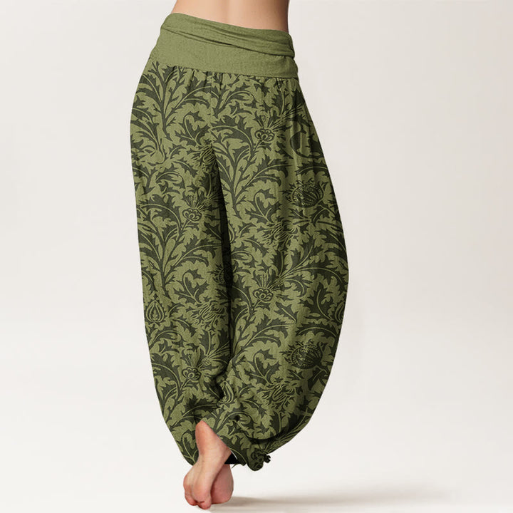 Pantalon harem à taille élastique pour femme, motif de Buddha Stones, de fleurs de coton et de feuilles dentelées - image 9