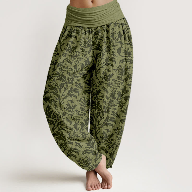 Pantalon harem à taille élastique pour femme, motif de Buddha Stones, de fleurs de coton et de feuilles dentelées - Vert olive foncé - US16，UK/AU20，EU48 (3XL) - image 8