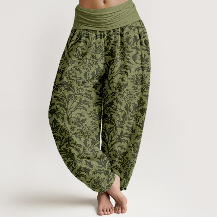 Pantalon harem à taille élastique pour femme, motif de Buddha Stones, de fleurs de coton et de feuilles dentelées - Vert olive foncé - US16，UK/AU20，EU48 (3XL) - image 8