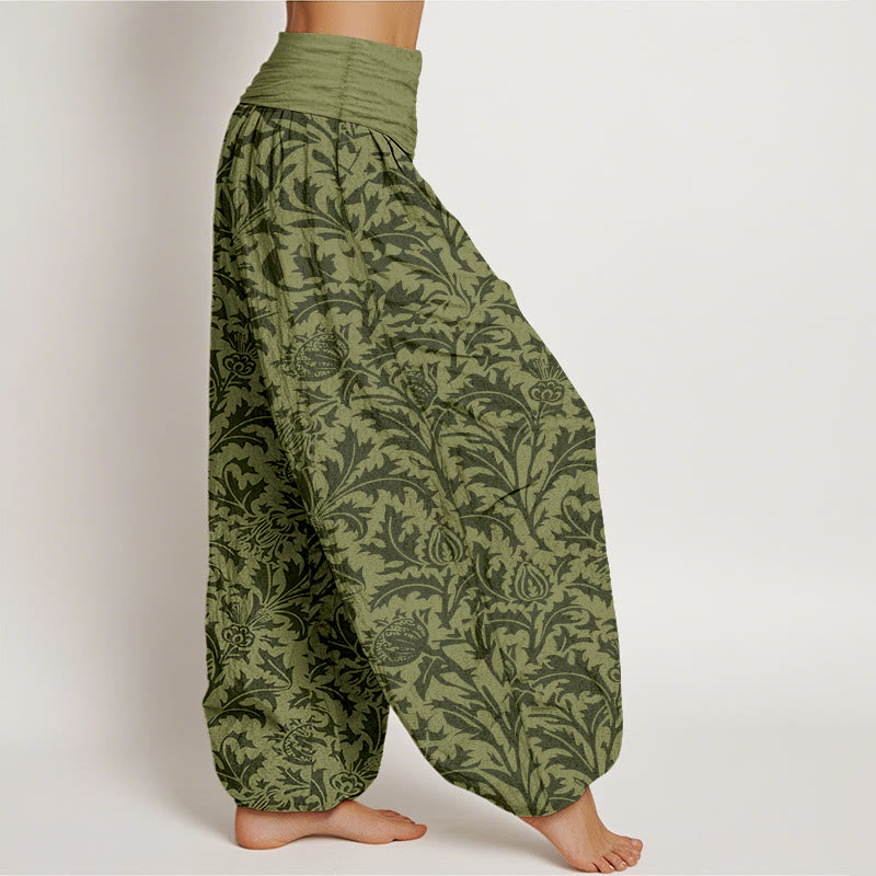 Pantalon harem à taille élastique pour femme, motif de Buddha Stones, de fleurs de coton et de feuilles dentelées - image 10
