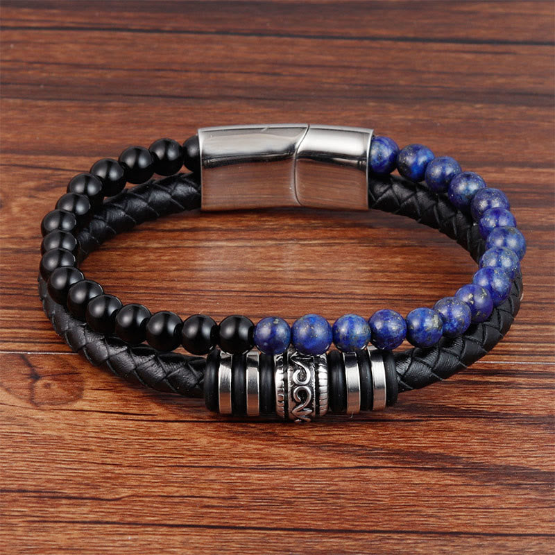Bracelet en cuir, Buddha Stones, onyx noir, lazurite et acier titane, symbole de fortune et de sérénité - Onyx noir et lazurite (Tour de poignet : 18-19 cm) - image 0