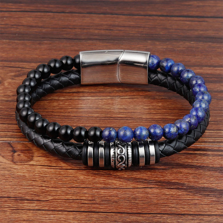 Bracelet en cuir, Buddha Stones, onyx noir, lazurite et acier titane, symbole de fortune et de sérénité - Onyx noir et lazurite (Tour de poignet : 18-19 cm) - image 0