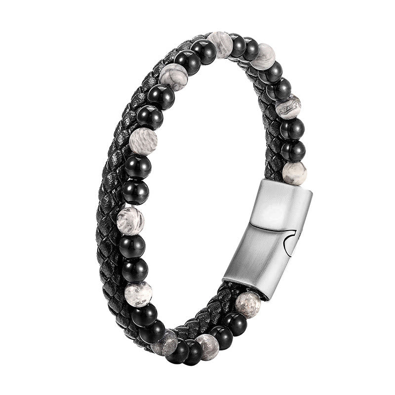 Bracelet en cuir stable en acier titane, Buddha Stones, onyx noir, jaspe gris et pierres de Bouddha - image 9
