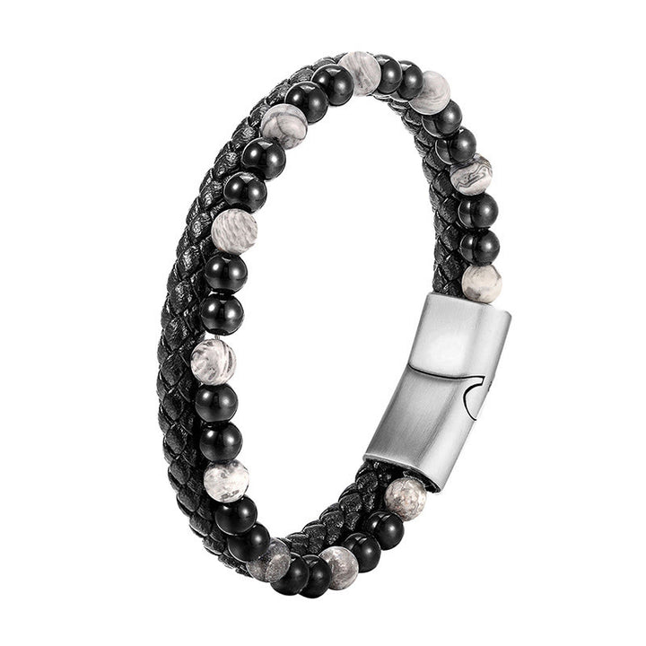 Bracelet en cuir stable en acier titane, Buddha Stones, onyx noir, jaspe gris et pierres de Bouddha - image 9