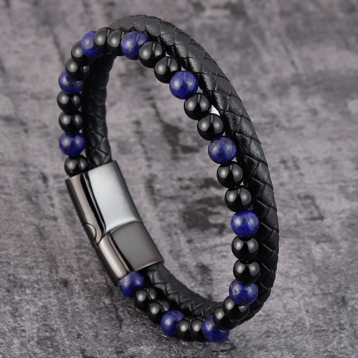 Bracelet en cuir avec Buddha Stones, onyx noir, lazurite et acier titane, symbole de bien-être et de positivité. - Onyx noir et lazurite (Tour de poignet : 18-19 cm) - image 0